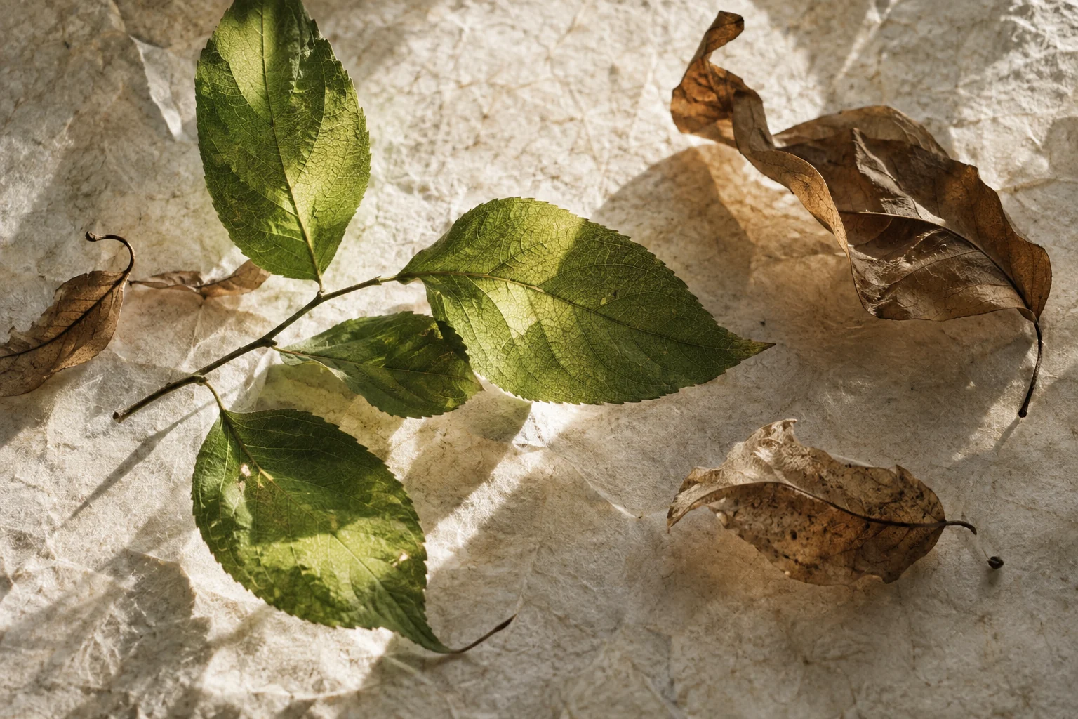 Feuilles vertes et feuilles séchées sur un papier clair